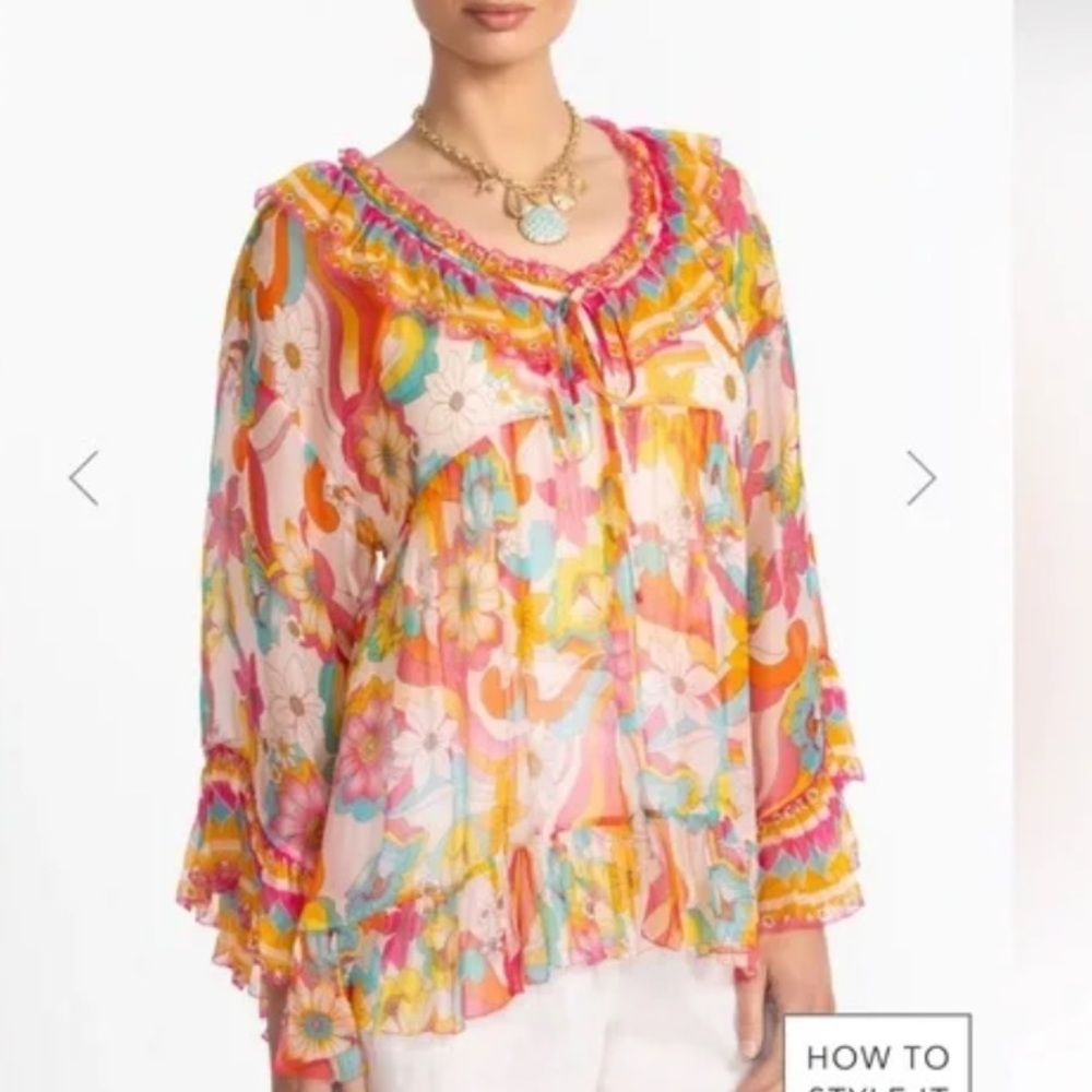 Johnny Was Floral Sheer Ruffle Blouse in Pink, Coral, Turquoise - Picture 4 of 16